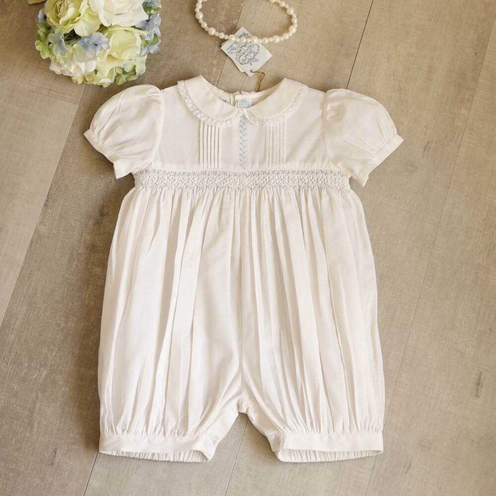 Girls Vintage Smocked Romper Ivory and Blue Feltman Brother 3 Months NWT